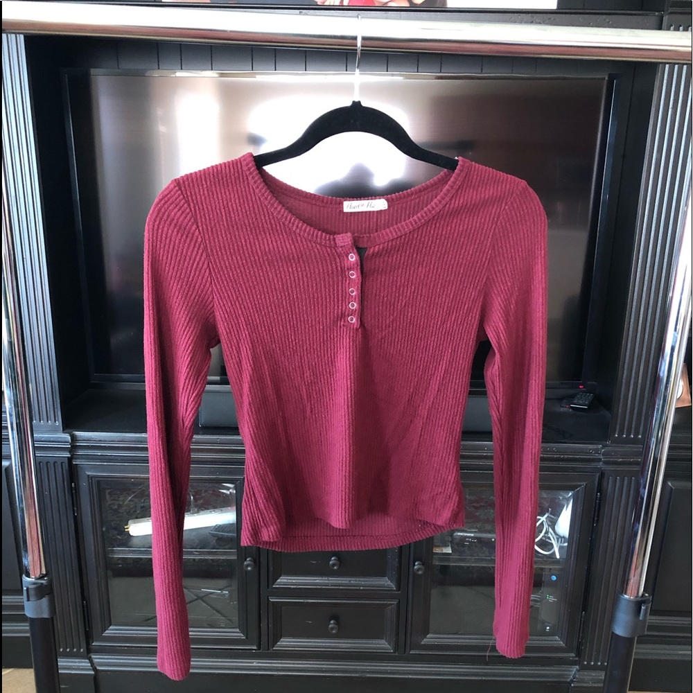 Maroon Henley Ribbed Crop Top